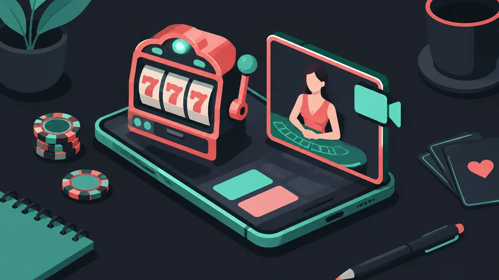 Flat isometric scene of mobile casino pokies and live dealer